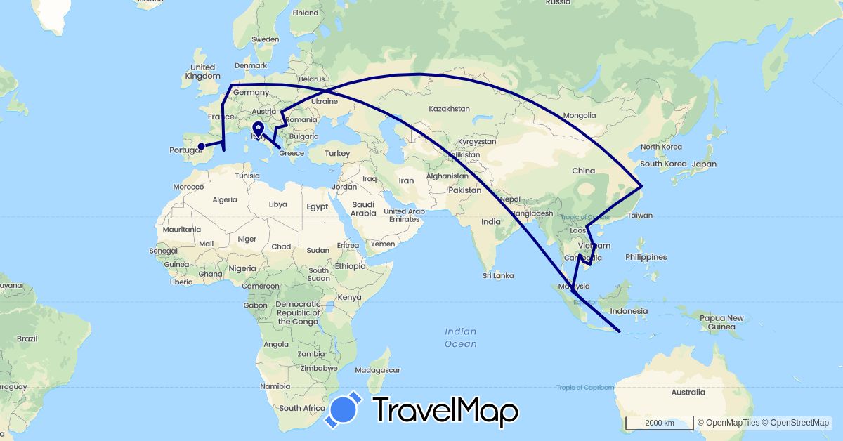TravelMap itinerary: driving in Bosnia and Herzegovina, China, Germany, Spain, France, Hungary, Indonesia, Italy, Cambodia, Malaysia, Netherlands, Serbia, Singapore, Vietnam (Asia, Europe)